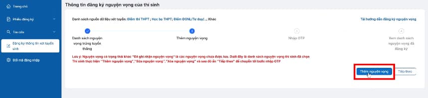 Truy cập chức năng đăng ký nguyện vọng trực tuyến